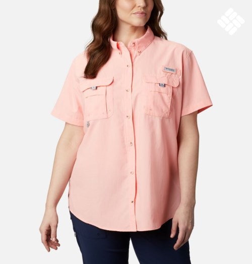 Women's Columbia PFG Bahama Short Sleeve Shirts Pink | Plus Size CA-M84C5